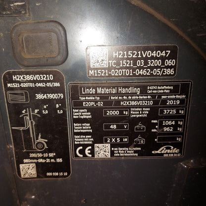 Linde E20PL-02 usato 2019 - targhetta dati